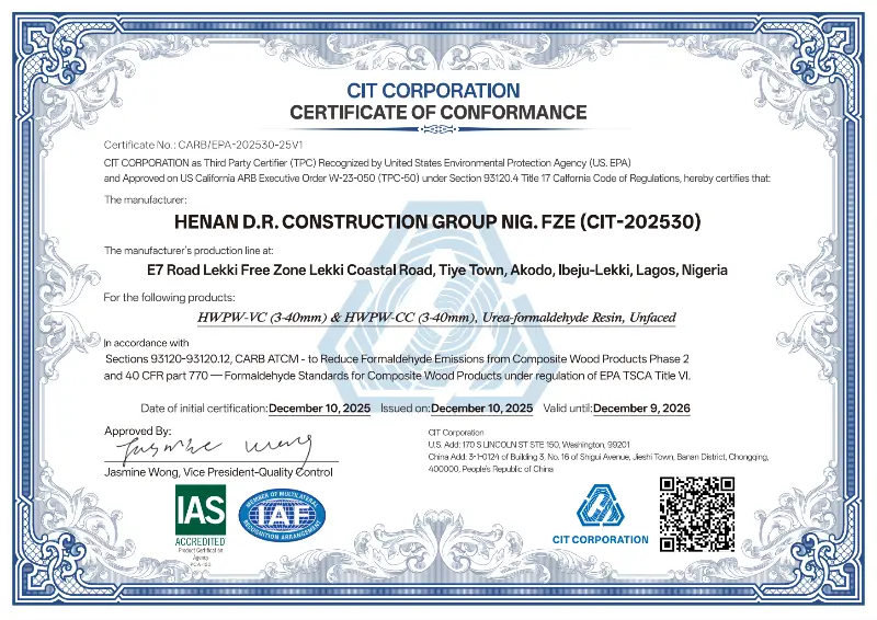 Factory CARB P2 & US EPA Certification for Hardwood Plywood