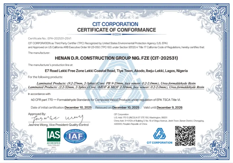 US EPA TSCA Title VI Certificate for Laminated Wood Products
