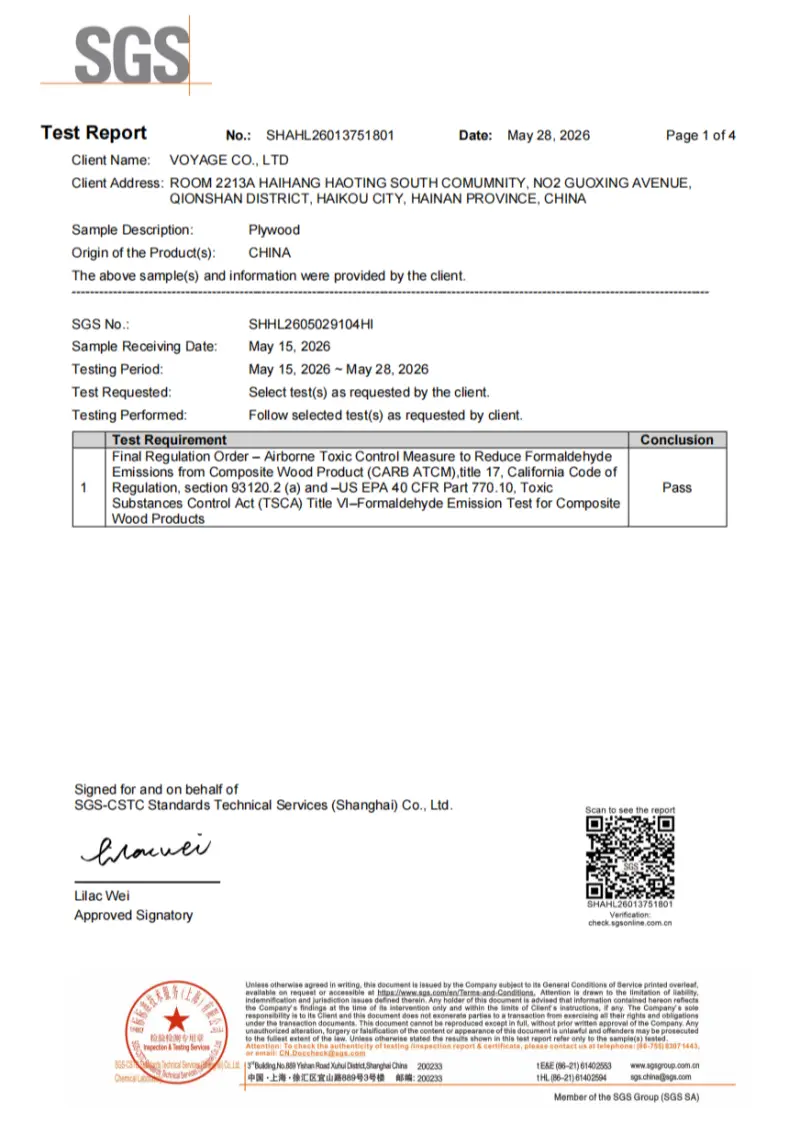 Voyage Plywood SGS Test Report - CARB P2 & EPA Compliant