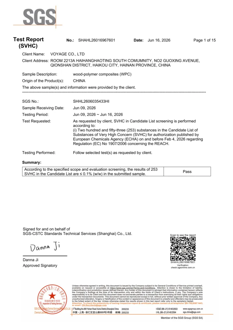 VOYAGE - أرضيات WPC - تقرير اختبار SGS الخاص بالمواد شديدة الخطورة (SVHC) وفقًا للائحة REACH