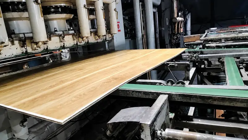 Laminate flooring production line showing industrial-scale panel manufacturing