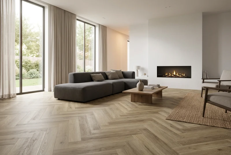 Herringbone laminate flooring in a modern residential interior