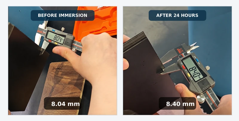 Small cut laminate flooring specimens measured before and after 24 hours of water immersion