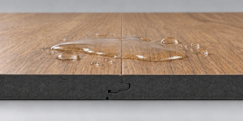 Water placed over the assembled joint of HDF laminate flooring showing the surface layer, click system, sealed edges and core.
