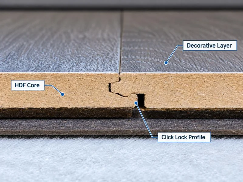 Cross-section of an HDF core used in laminate flooring, showing the fiberboard structure.