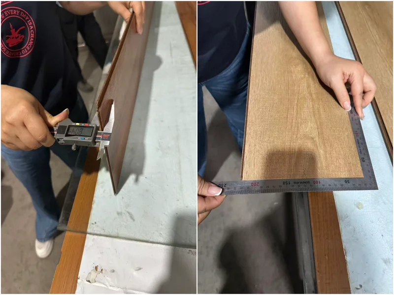 Laminate flooring quality inspection during production, supporting checks for dimensional and appearance consistency.